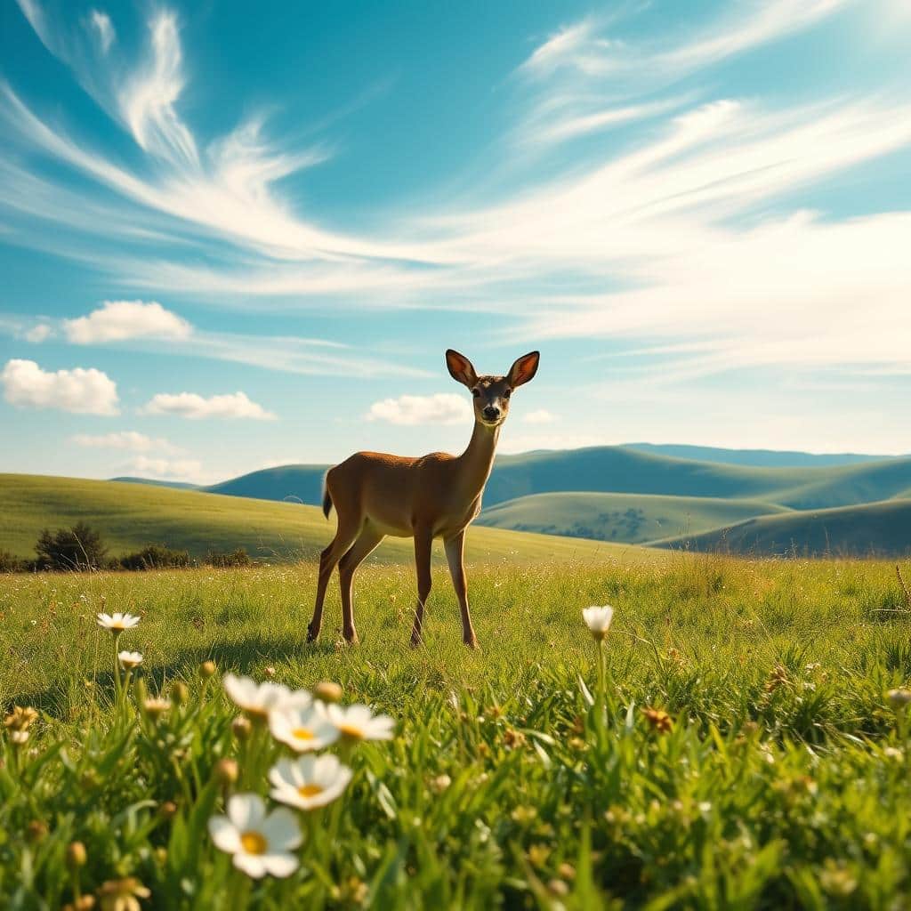 A serene, sun-dappled scene of a lush meadow, with a delicate bouquet of fresh wildflowers in the foreground, petals glowing softly in the warm light. Wispy clouds drift across a brilliant blue sky, casting gentle shadows over the rolling hills in the distance. A single, graceful deer pauses mid-step, its large, soulful eyes conveying a sense of quiet gratitude and reverence for the beauty that surrounds it. The overall mood is one of tranquility, harmony, and a deep appreciation for the blessings of the natural world.