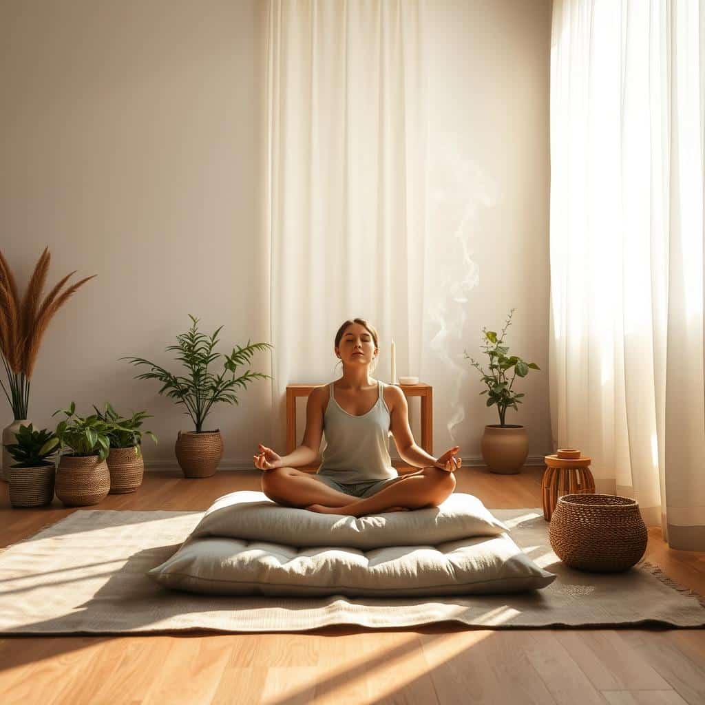 A serene, sun-drenched room filled with the gentle glow of early morning light. In the center, a person sits cross-legged on a plush meditation cushion, their eyes closed in deep concentration. The atmosphere is calm and tranquil, with wisps of incense drifting through the air. Soft natural textures, such as wood and linen, create a soothing and grounding ambiance. Potted plants and a simple altar adorned with a single candle add a sense of peaceful intention. The camera angle is slightly elevated, capturing the scene from an unobtrusive, contemplative perspective.
