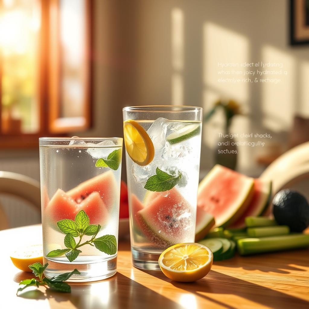 A serene, sunlit indoor scene depicting various hydration tips. In the foreground, a glass of cool, clear water condensates softly, accompanied by fresh lemon slices and mint leaves. The middle ground features a variety of hydrating snacks, such as juicy watermelon slices, crisp cucumber spears, and hydrating electrolyte-rich fruits. In the background, an open window allows warm, natural light to stream in, creating a cozy, inviting atmosphere. The overall mood is calming and refreshing, encouraging the viewer to pause, hydrate, and recharge.