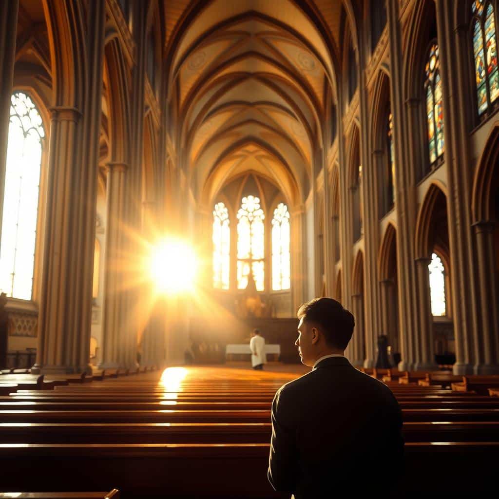 A serene, sunlit interior of a grand cathedral, the sunlight filtering through stained glass windows, casting a warm, contemplative glow. In the foreground, a lone figure kneels in prayer, their face radiating a sense of peace and tranquility. The middle ground features rows of wooden pews, inviting the viewer to join in quiet meditation. In the background, the ornate architecture of the cathedral's apse and altar stand as a testament to the sacredness of the space. The overall atmosphere conveys a deep sense of reverence, calmness, and spiritual connection.