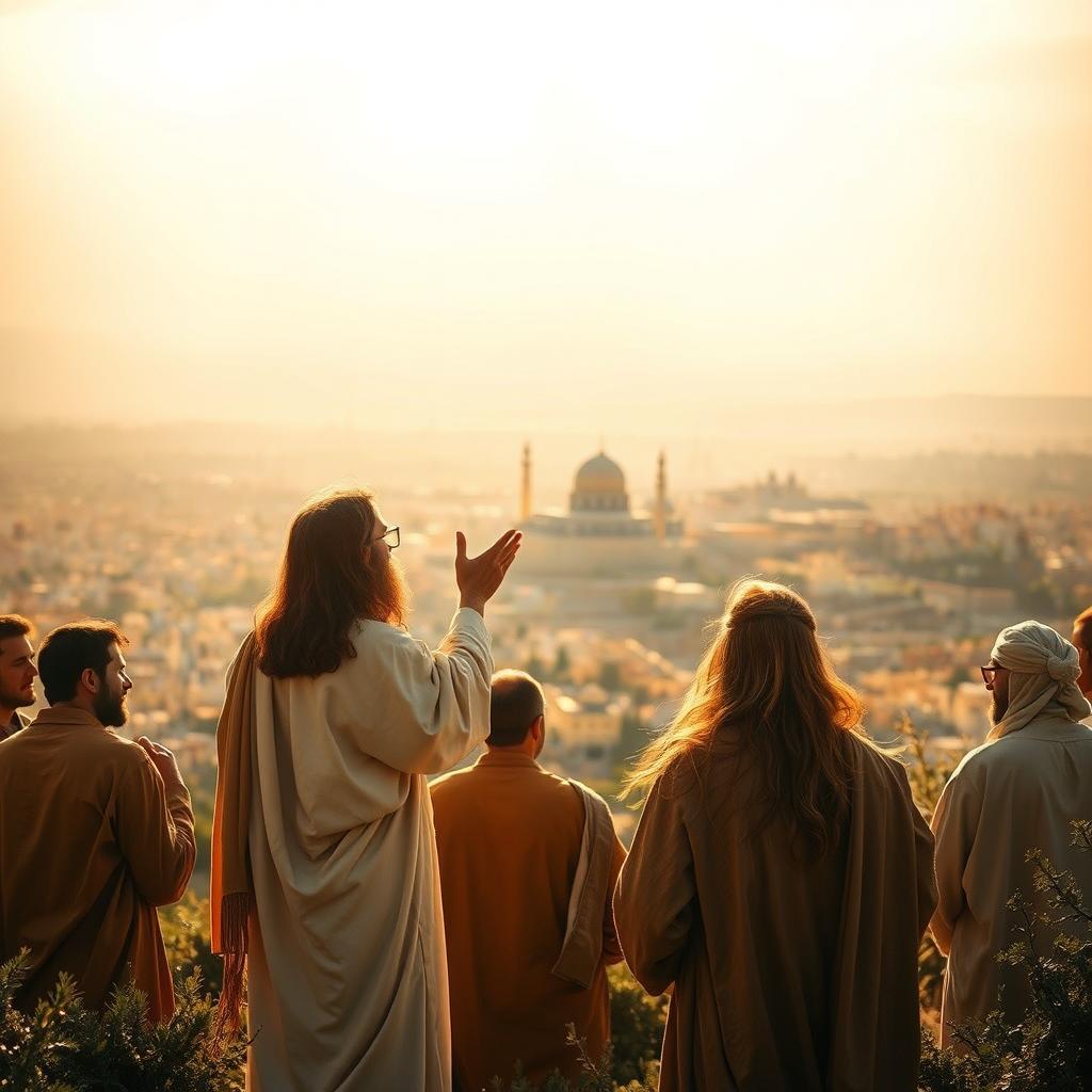A serene, sunlit landscape on the Mount of Olives, overlooking the ancient city of Jerusalem. In the foreground, Jesus stands amongst his disciples, his face and robes aglow with a divine radiance. His hands are raised, gesturing as he imparts his prophetic Olivet Discourse - a solemn warning and teaching about the end times. The disciples listen with rapt attention, their expressions a mix of reverence and concern. In the middle ground, the Temple Mount and the city walls are visible, hinting at the coming destruction. The background is softly blurred, focusing the viewer's gaze on the profound moment of instruction. The overall atmosphere is one of solemnity, gravity, and a sense of impending events.