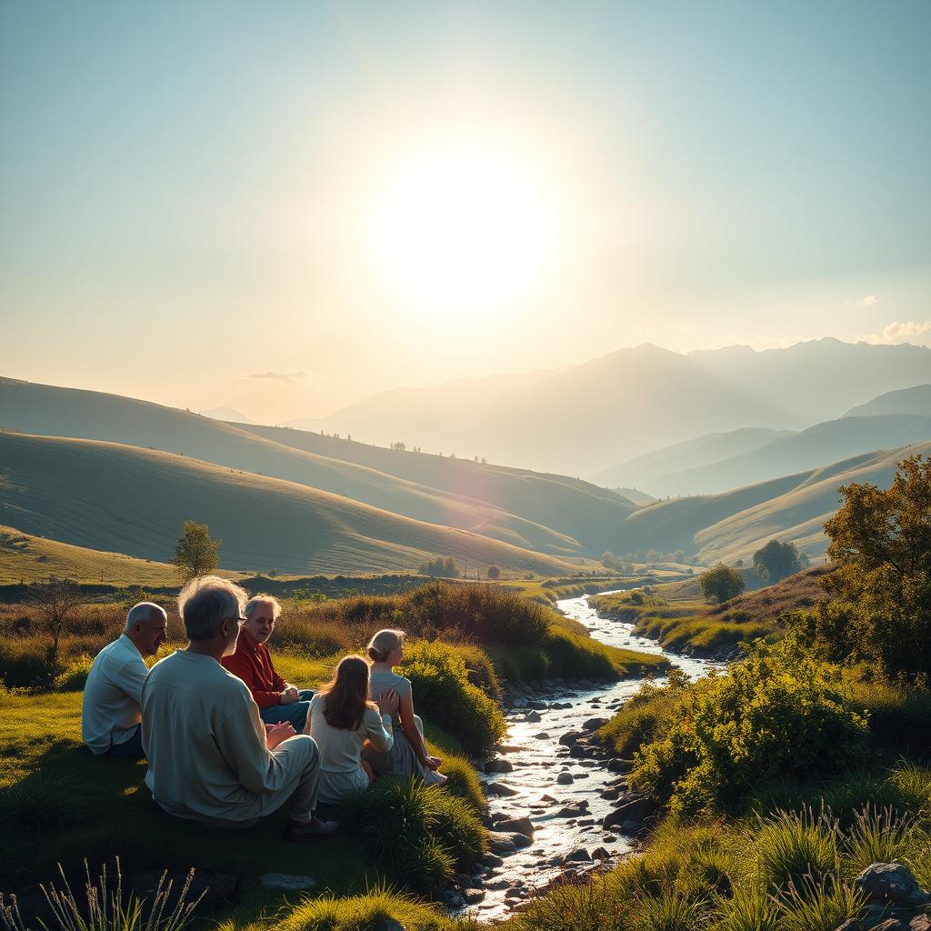 A serene, sunlit scene of a biblical landscape, with rolling hills, lush foliage, and a tranquil stream flowing through the middle ground. In the foreground, a group of people sit in a circle, engaged in thoughtful discussion, their expressions radiating wisdom and generosity. Soft, diffused lighting casts a warm, inviting glow, while the background features a majestic, distant mountain range, symbolizing the grandeur of divine providence. The composition evokes a sense of spiritual contemplation and the blessings of prosperity through the lens of biblical teachings.
