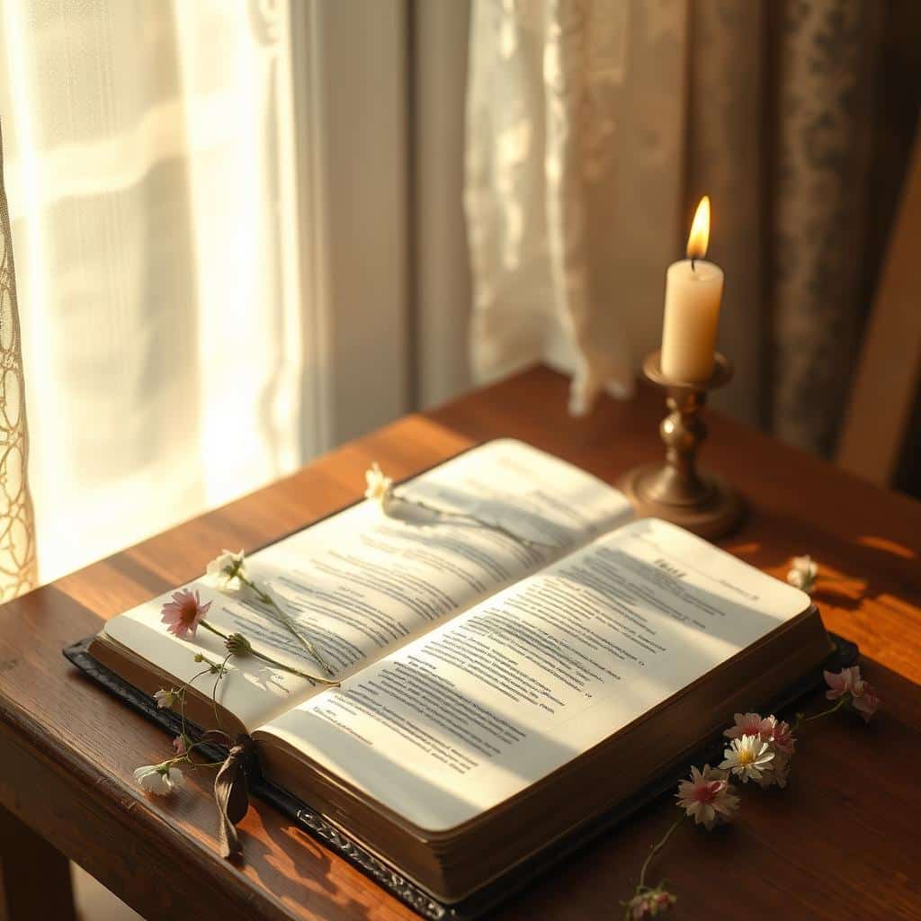 A serene, sunlit scene of a well-worn leather-bound Bible resting on a wooden table, surrounded by a scattering of fresh flowers and a single lit candle. Soft, warm lighting filters through delicate lace curtains, casting a peaceful glow across the tranquil setting. The Bible's pages are slightly open, hinting at the blessings and scriptures within, ready to inspire and uplift the soul. An atmosphere of quiet reflection and spiritual nourishment permeates the space, inviting the viewer to pause and find solace in the morning's sacred moments.