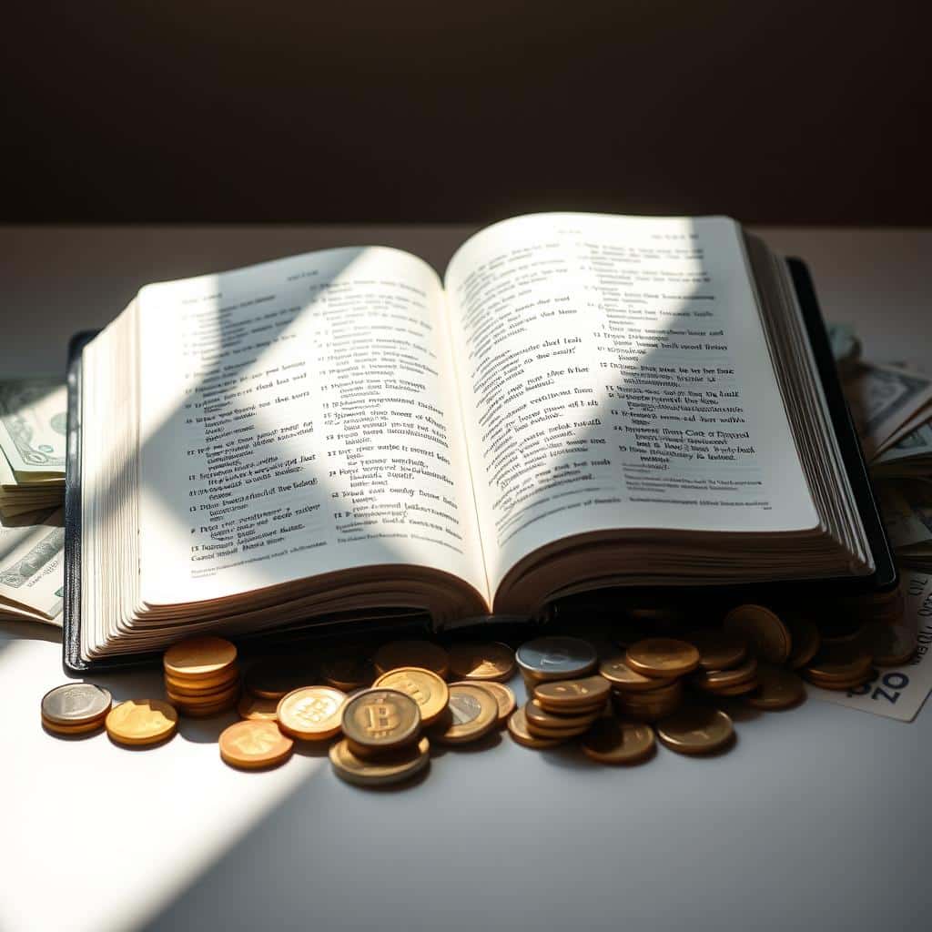 A serene, sunlit scene of an open Bible with gold-embossed pages, its text illuminated by soft, natural lighting. Surrounding the book are stacks of coins, bills, and financial documents, symbolizing the prosperity and abundance found in the sacred scriptures. The composition is clean and minimalist, allowing the focus to remain on the central elements. The overall tone evokes a sense of spiritual guidance and financial wisdom, inspiring the viewer to seek financial prosperity through the wisdom of the Bible.