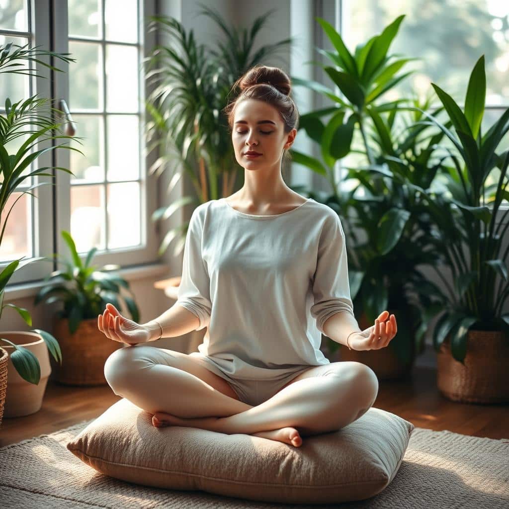 A serene, tranquil morning scene of a person sitting cross-legged on a plush cushion, meditating in a cozy, well-lit room. Soft, warm lighting filters through large windows, casting a gentle glow on the figure's face. The background is filled with lush, verdant indoor plants, creating a peaceful, nature-inspired atmosphere. The camera angle is slightly elevated, giving a birds-eye view of the scene, emphasizing the subject's focus and introspection. The overall mood is one of calm, clarity, and mindfulness, perfectly capturing the essence of a morning meditation routine.