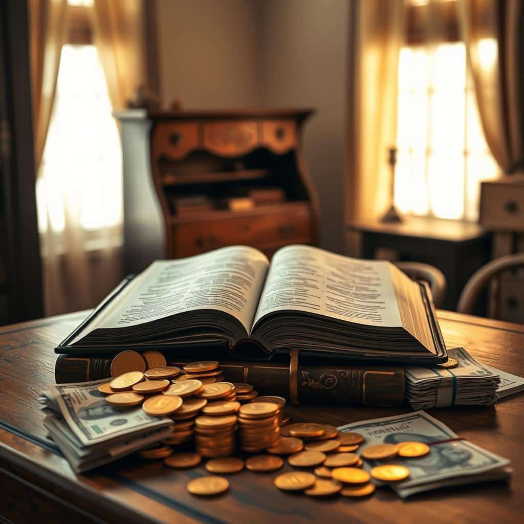 A serene, warm-lit interior with a large, open Bible prominently displayed on an antique wooden desk. The pages gently rustling, inviting closer inspection. Surrounding the Bible, clusters of gold coins, currency, and financial documents are arranged in a tasteful, organized manner, symbolizing the bountiful blessings of fiscal responsibility and prudent money management. Soft, diffused lighting casts a reverent glow, while muted earth tones and rustic textures create an atmosphere of contemplative tranquility. The overall composition conveys a sense of spiritual guidance and divine providence in matters of personal finance.