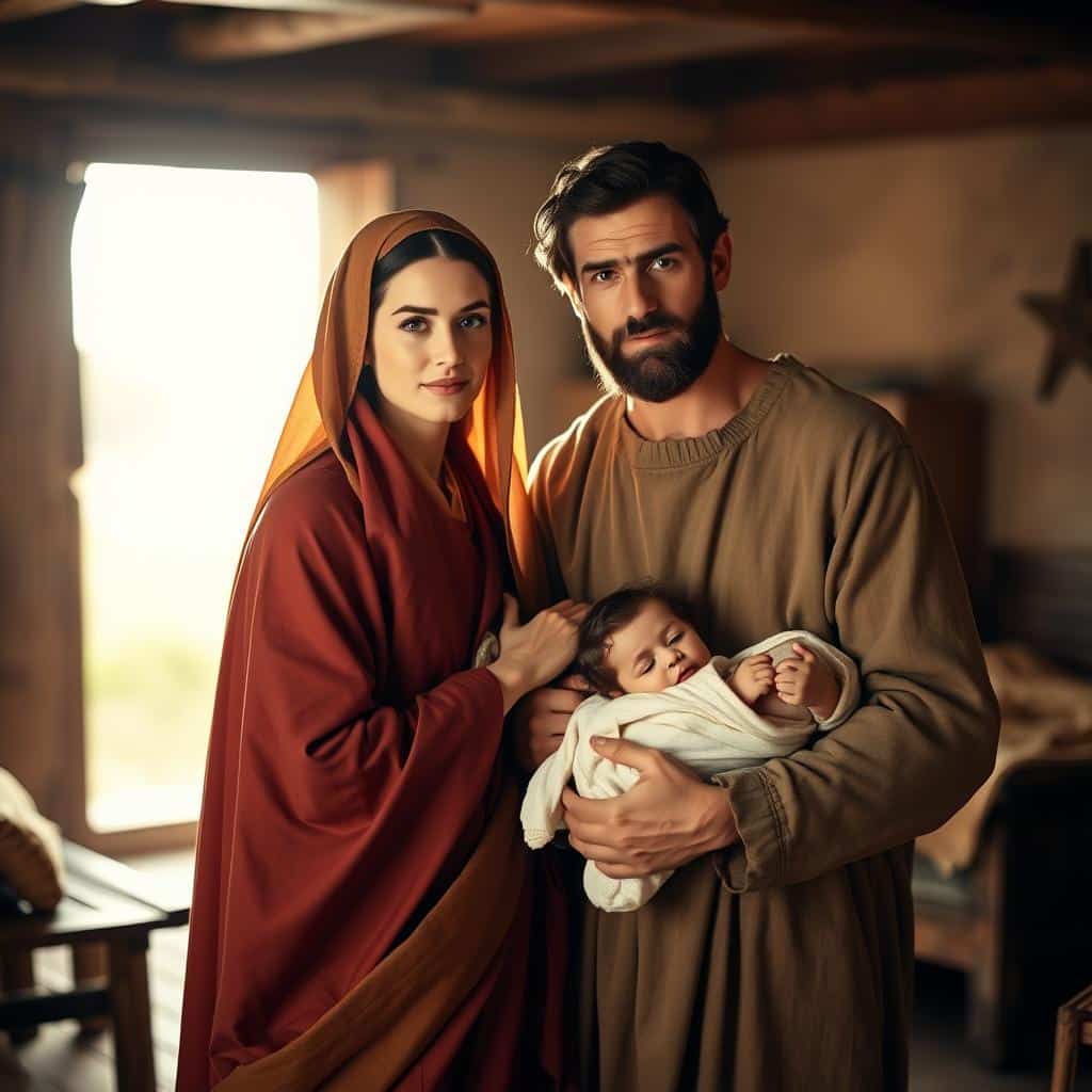 A serene, warm-toned portrait of the holy couple Mary and Joseph, illuminated by a soft, heavenly light. In the foreground, Mary and Joseph stand together, their faces expressing a tender, protective gaze as they guide and embrace the infant Jesus, swaddled in their arms. The middle ground features a simple, rustic interior, with wooden furniture and textiles hinting at the humble, yet deeply spiritual nature of their home. The background blurs into a dreamlike, ethereal landscape, suggesting the divine presence and purpose surrounding the Holy Family. Subtle, muted colors and a sense of reverence and tranquility permeate the scene, inviting the viewer to contemplate the sacred role of parents in nurturing the child destined for a higher calling.