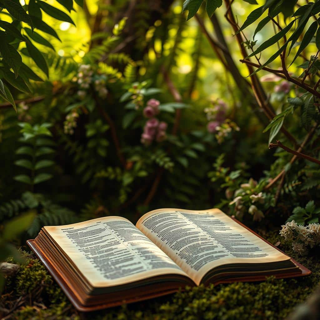 A serene, warm-toned scene of a Bible nestled among lush, verdant foliage. Soft, diffuse natural lighting filters through the leaves, creating a sense of tranquility and comfort. In the foreground, the weathered leather cover of the open Bible rests on a bed of moss, its pages gently turned as if someone has been reading from it. Behind the Bible, a tapestry of ferns, vines, and flowers creates a layered, almost cathedral-like backdrop, conveying a feeling of sanctuary and divine presence. The overall atmosphere is one of solace, reflection, and the restorative power of scripture during difficult seasons of life.