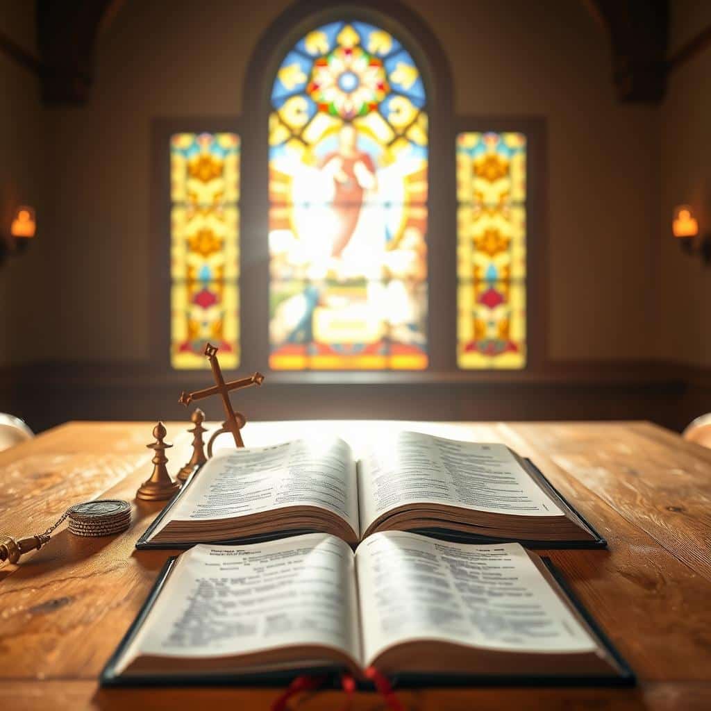 A serene, well-lit interior space with a wooden table in the foreground, displaying various biblical artifacts and financial symbols. In the middle ground, a Bible lies open, its pages reflecting the golden light. In the background, a stained-glass window casts a warm, ethereal glow, creating a contemplative atmosphere. The overall composition conveys the idea of financial stewardship grounded in spiritual principles, with a sense of harmony and balance.