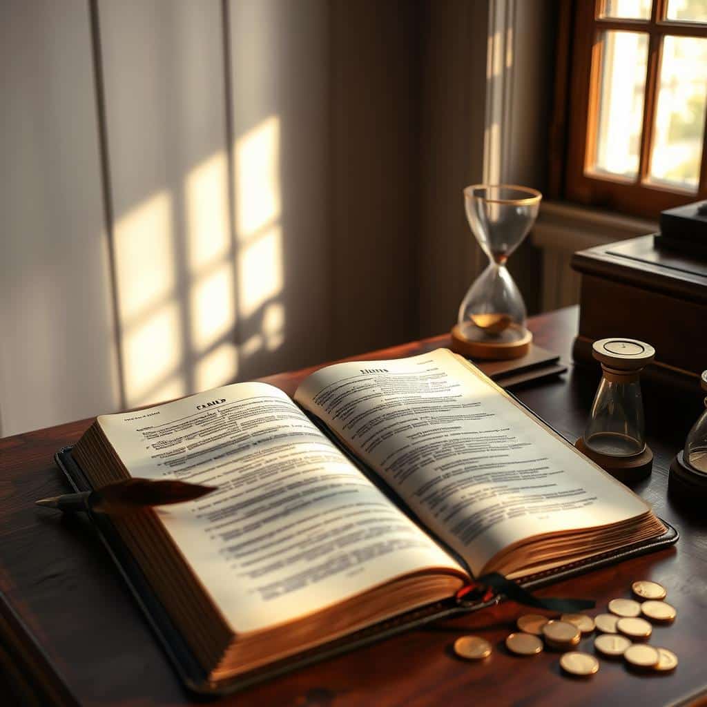 A serene, well-lit interior with a large, worn leather Bible open on a wooden desk. Soft, natural lighting filters in through a nearby window, casting a warm glow on the pages. Surrounding the Bible are various symbols of diligent work - a quill pen, an hourglass, and a few gold coins. The overall atmosphere evokes a sense of contemplation and reverence, as if the viewer is being invited to meditate on the Bible's teachings about earning money through hard work.