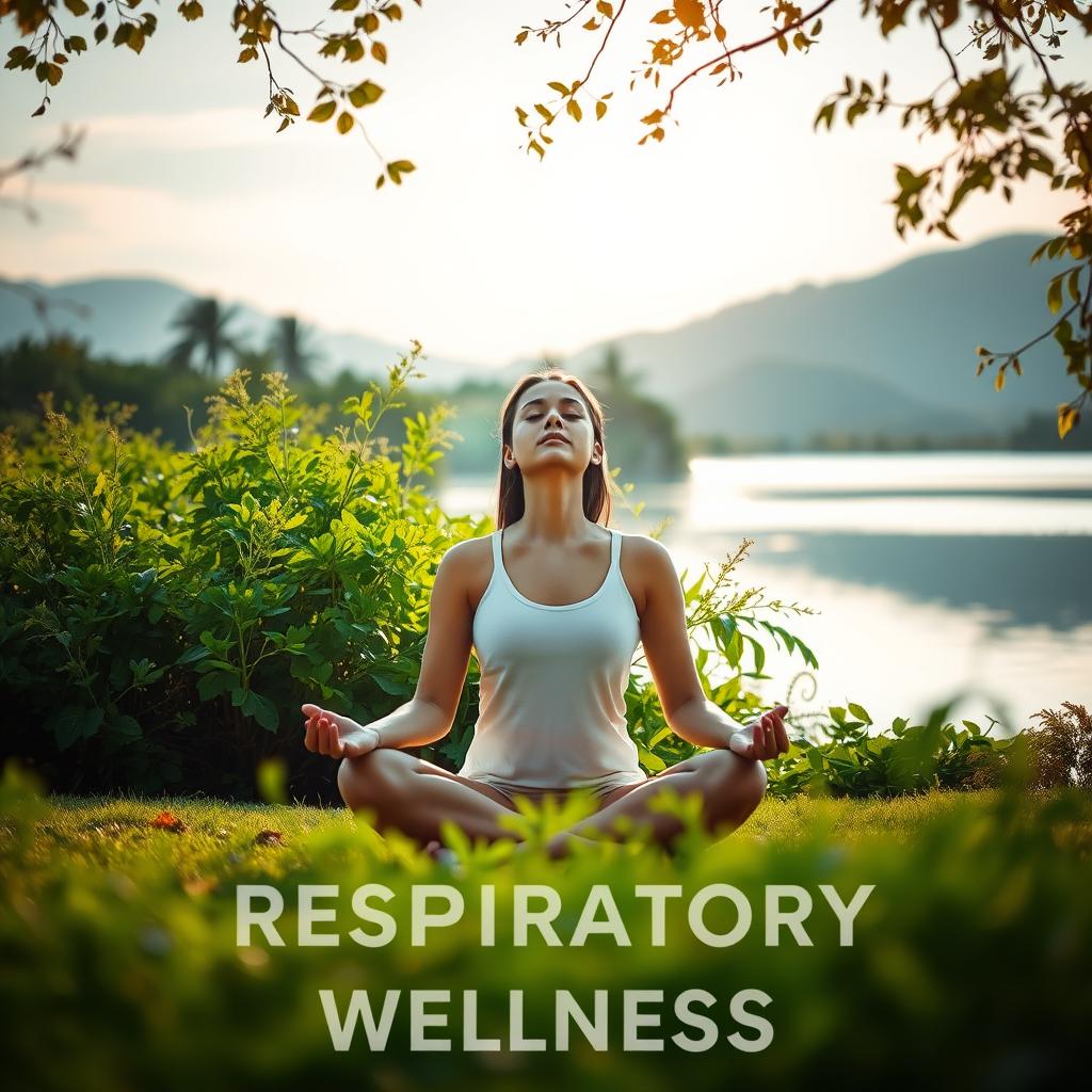 A serene, well-lit scene showcasing respiratory wellness. In the foreground, a person sits cross-legged, eyes closed, hands resting gently on their knees, embodying deep, mindful breathing. The middle ground features lush greenery, with delicate leaves swaying in a gentle breeze, symbolizing the connection between nature and breath. In the background, a tranquil lake or river reflects the calming scene, with distant mountains providing a soothing backdrop. The lighting is soft and warm, creating a sense of inner peace and rejuvenation. The overall atmosphere evokes a holistic, restorative experience of respiratory wellness.