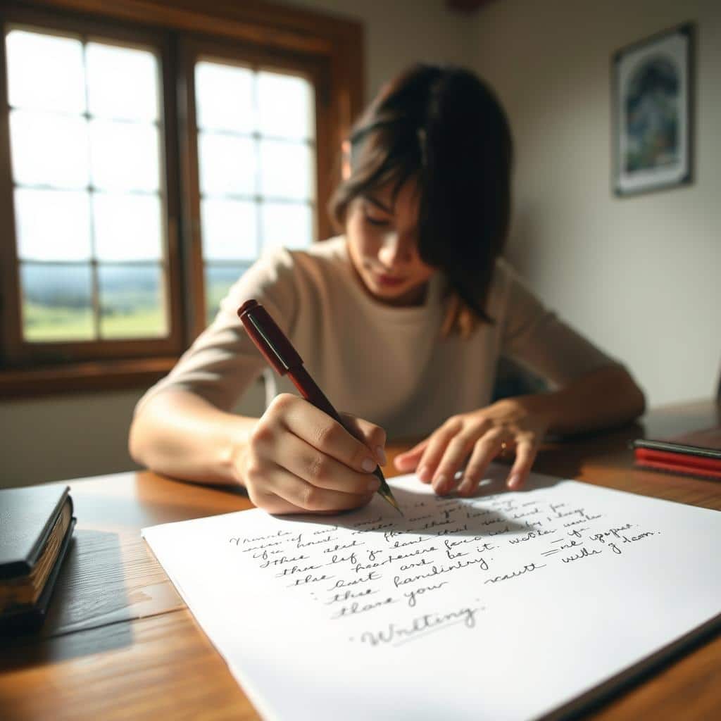 A serene, well-lit study with a wooden desk, where a person's hands gracefully glide across a pristine white page, capturing their thoughts in flowing cursive script. The lighting is soft and diffused, creating a warm, introspective atmosphere. The person's face is obscured, allowing the focus to remain on the act of writing itself, a symbol of creative expression and multilingual fluency. In the background, a large window overlooks a tranquil, pastoral landscape, hinting at the boundless wellspring of inspiration that fuels this process.