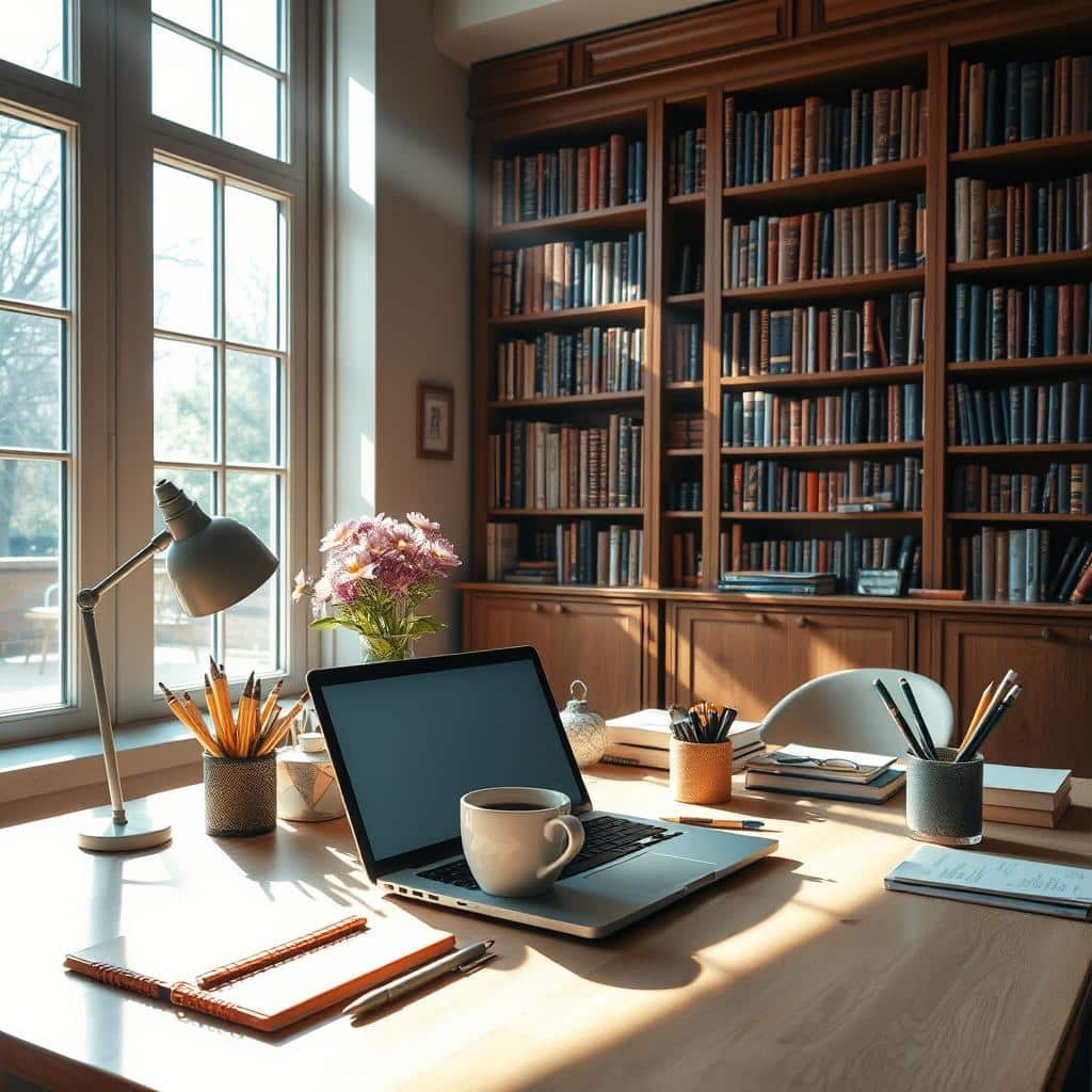A serene workspace with a cozy atmosphere, sunlight streaming through large windows, illuminating a desk featuring a laptop, a cup of coffee, and various stationery items. In the background, bookcases filled with knowledge and inspiration, hinting at the intellectual pursuit of earning through ChatGPT. The scene conveys a sense of calm, focus, and the exciting possibilities of leveraging AI technology to generate income. A warm, inviting mood that encourages the viewer to imagine themselves in this productive, yet comfortable setting, where the path to financial independence lies within reach.