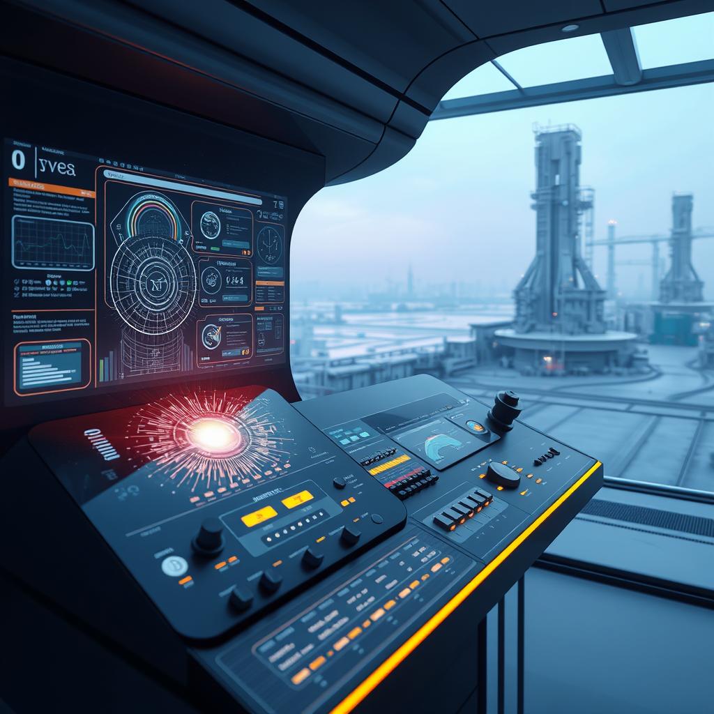A sleek and futuristic control panel displaying a holographic interface with intricate data visualizations. In the foreground, a high-tech device emitting a shimmering energy field, surrounded by glowing indicators and touch-sensitive controls. The middle ground features a minimalist yet advanced console with toggle switches, dials, and status screens, bathed in a soft ambient glow. In the background, a panoramic view of a clean, industrial landscape with towering architecture and a hazy, blue-tinted sky, suggesting a cutting-edge facility dedicated to low-frequency protection technologies.