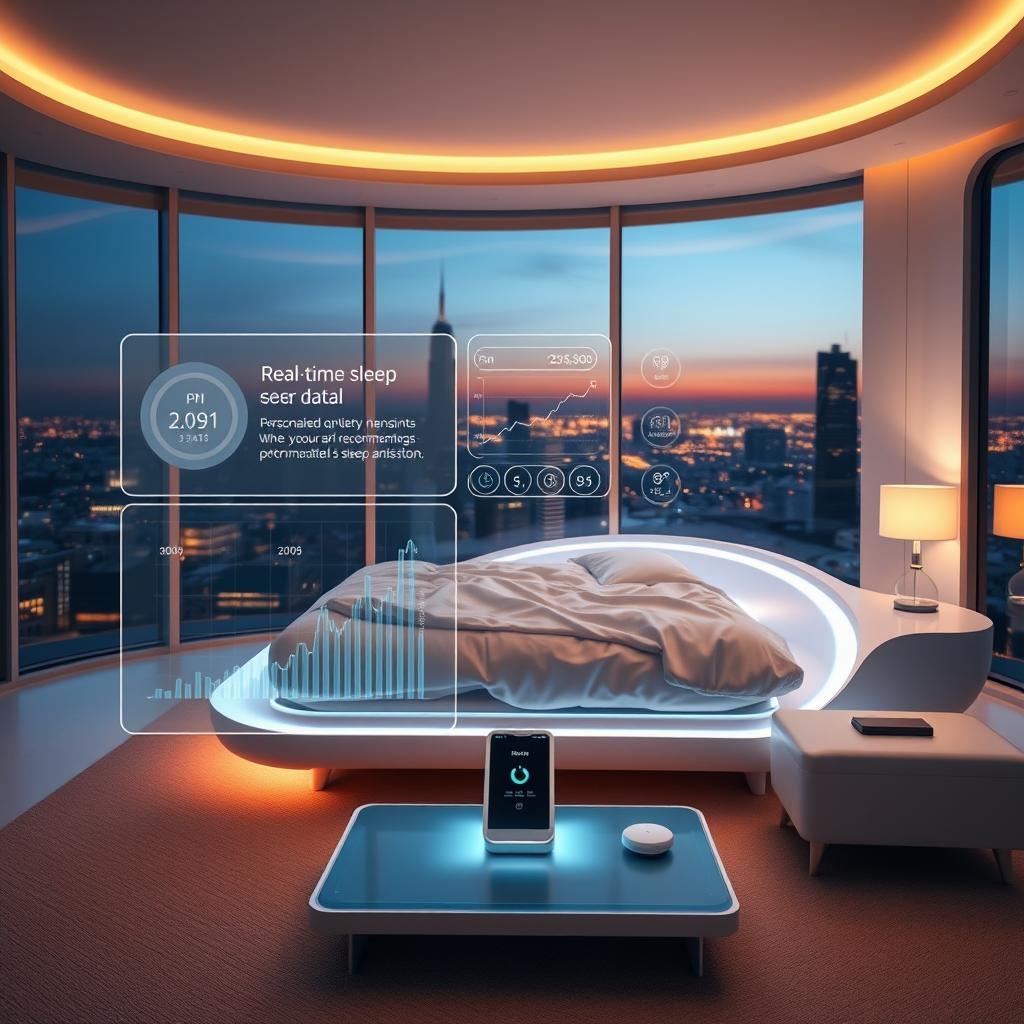 A sleek, futuristic bedroom with a futuristic bed at the center, adorned with advanced sleep sensors and monitoring devices. The room is bathed in a warm, soothing glow from ambient lighting, creating a calming atmosphere. In the foreground, a holographic display shows real-time sleep data and personalized recommendations for sleep optimization. The middle ground features a minimalist nightstand with a smart sleep assistant device. The background showcases floor-to-ceiling windows revealing a cityscape at night, highlighting the integration of high-tech sleep solutions into modern living spaces.