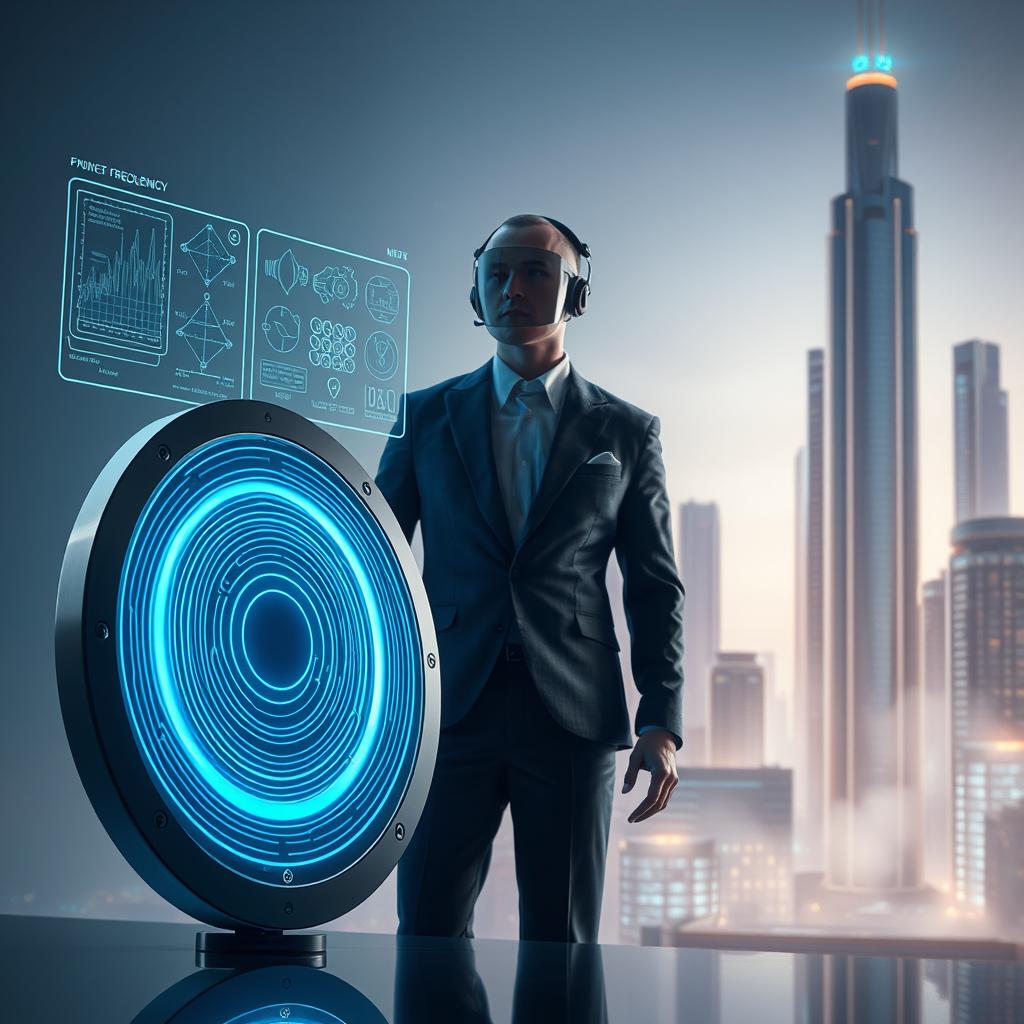 A sleek, modern composition depicting personal protection devices against low-frequency electromagnetic fields. In the foreground, a high-tech shield device with a concentric ring design, emitting a faint blue glow. Beside it, a holographic display showcases technical schematics and data visualizations. In the middle ground, a stylized human figure wearing a tailored, lightweight protective suit, complete with a specialized headset. The background features an abstract, futuristic cityscape with towering skyscrapers and a hazy, luminescent sky, conveying a sense of advanced technology and environmental awareness. Crisp lighting, cinematic angles, and a cool, muted color palette create an atmosphere of sophisticated, cutting-edge solutions for personal low-frequency protection.