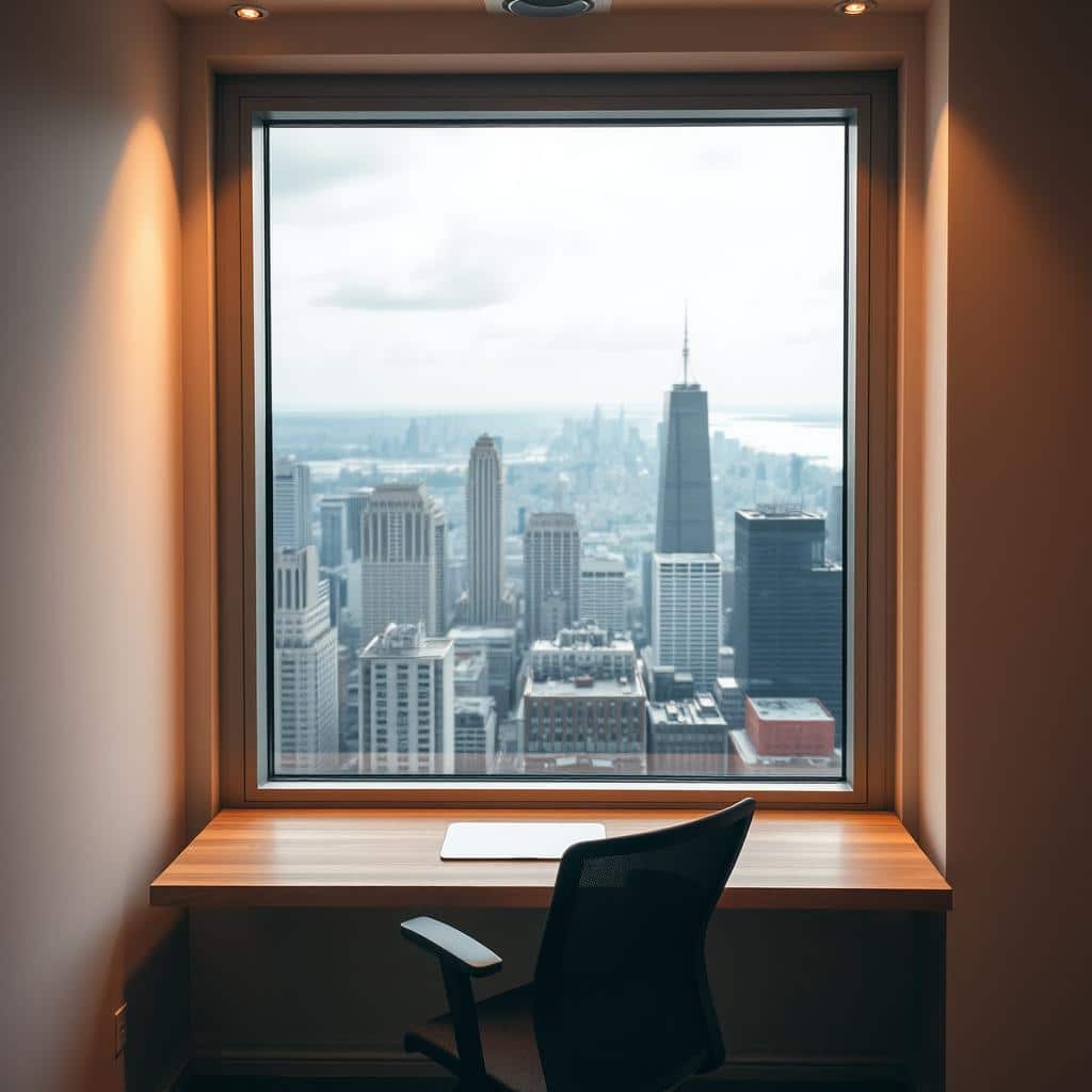 A sleek, modern window fills the frame, its clean lines and tempered glass creating a serene, focused environment. The window is situated in a minimalist workspace, with a wooden desk and ergonomic chair in the foreground. Warm, directional lighting from overhead softly illuminates the scene, casting subtle shadows and highlights that emphasize the depth and texture of the materials. The window offers a panoramic view of a bustling city skyline in the background, providing a sense of connection to the world beyond. The overall mood is one of productive focus, where the window acts as a framing device to help the viewer stay immersed in the task at hand.