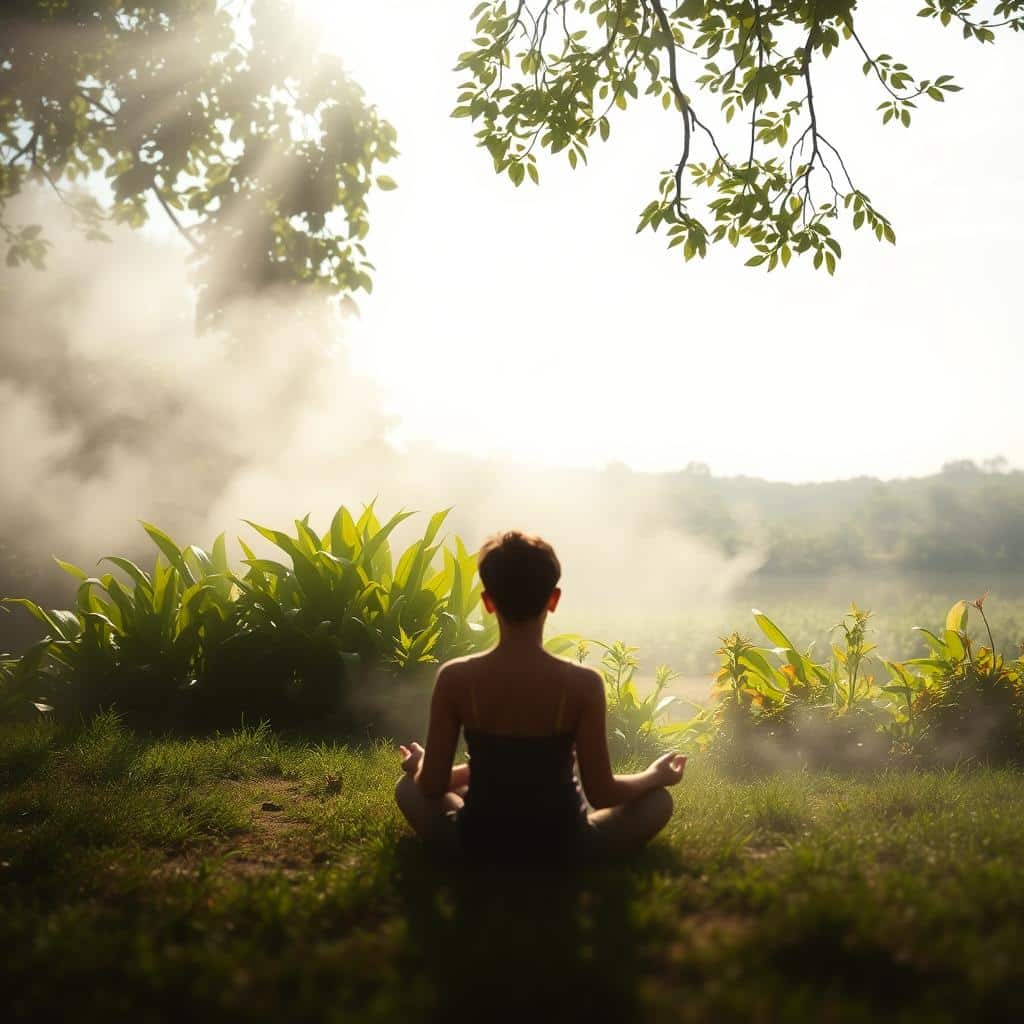 A soft, ethereal mist envelops a serene outdoor setting. In the foreground, a person sits cross-legged, eyes closed, hands resting gently on their lap, their breath visible as a wisp of vapor. The mid-ground features lush, verdant vegetation, with sunlight filtering through the leaves, casting a warm, golden glow. In the background, a tranquil body of water reflects the surrounding landscape, creating a sense of balance and harmony. The overall mood is one of mindfulness, introspection, and a deep connection with the natural world.
