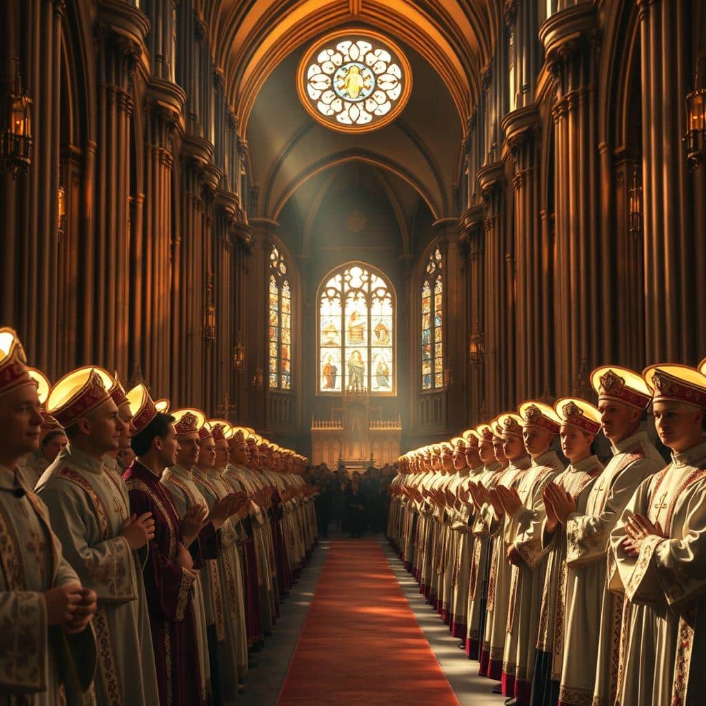 A solemn, majestic procession of Catholic saints, adorned in ornate robes and halos, gathering in a grand cathedral bathed in warm, diffused light filtering through stained glass windows. In the foreground, a row of saintly figures stand with serene expressions, their faces illuminated by the heavenly glow. In the middle ground, a crowd of worshippers kneels in reverence, while in the background, the vaulted ceilings and intricate architectural details create a sense of grandeur and spiritual transcendence. The scene conveys the solemnity and joyfulness of the Allhallowtide celebration, a hallowed day in the Catholic liturgical calendar.