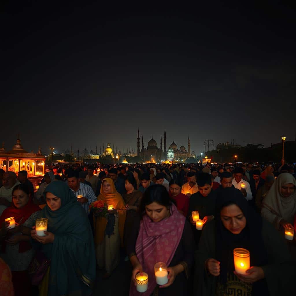 A solemn procession of global souls under a night sky, illuminated by the warm glow of candles and lanterns. In the foreground, figures in traditional garments carrying offerings and flowers, their faces serene. In the middle ground, an array of cultural symbols and icons - from incense-scented altars to marigold-adorned shrines. In the distance, a silhouetted skyline of diverse architectural styles, a tapestry of faiths and customs. The scene suffused with a sense of reverence, as though time has paused to honor the departed. Captured with a cinematic wide-angle lens, the image conveys the universal nature of this day of remembrance.