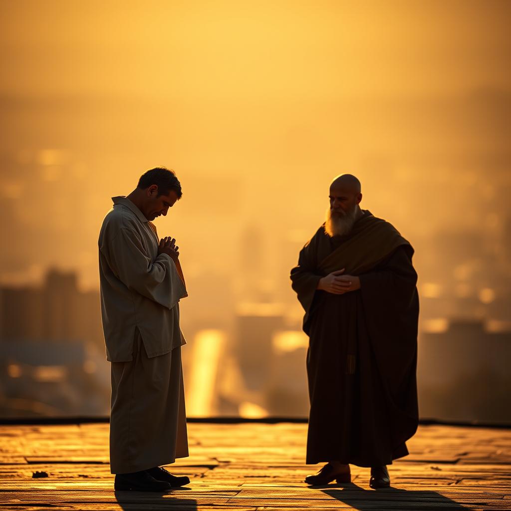 A solitary figure, the tax collector, stands in humble reflection, his head bowed, hands clasped in prayer. The Pharisee, in contrast, stands tall and proud, his expression one of self-righteousness. The scene is bathed in a warm, golden light, casting long shadows that symbolize the divide between the two. The background is a blurred, hazy cityscape, representing the broader context of the parable. The overall mood is one of introspection and the realization of one's own flaws and the need for humility before God.