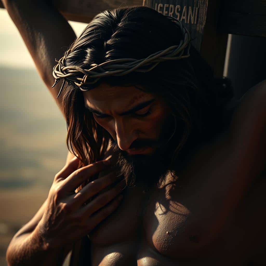 A somber, close-up portrait of the crucified Lord Jesus, his head bowed in anguish, crown of thorns piercing his brow. His hands and feet are nailed to the cross, blood trickling down his limbs. The lighting is dramatic, casting deep shadows that accentuate the contours of his face and the weight of his suffering. The background is a hazy, muted landscape, emphasizing the gravity of the moment. An atmosphere of reverence and solemnity pervades the scene, inviting the viewer to reflect on the promise of salvation offered by this Crucified King.