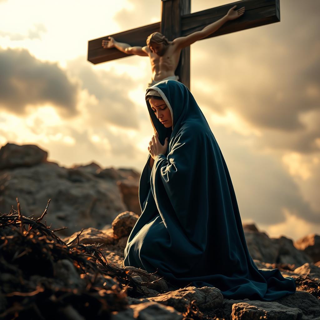 A sorrowful Mary, dressed in a deep blue cloak, kneels at the foot of the cross, her gaze fixed upon the crucified Christ. The scene is bathed in a warm, golden light, casting a divine glow upon the Blessed Mother's face, etched with anguish. In the foreground, the rocky ground is littered with thorns, symbolizing the suffering endured. The middle ground features the towering cross, its shadow cast upon Mary, a visual representation of the "sword of sorrow" piercing her heart. In the distance, the sky is filled with somber, gray clouds, further emphasizing the melancholy of the moment. The composition is balanced, with Mary positioned centrally, drawing the viewer's focus to her profound grief and unwavering faith in the midst of this profound tragedy.