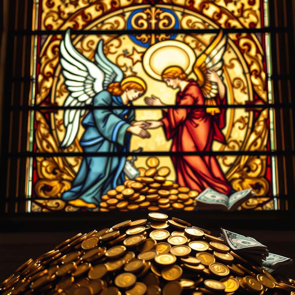 A stained glass window depicting biblical money principles. In the foreground, a pile of gold coins and bills, symbolizing financial prosperity. In the middle ground, angelic figures guiding a person's hands towards the coins, representing divine guidance in financial matters. In the background, intricate patterns and symbols evoking the timeless wisdom of the scriptures. Warm, muted lighting casts a reverent glow, conveying a sense of spiritual significance. The composition is balanced and harmonious, reflecting the harmony between faith and finance.