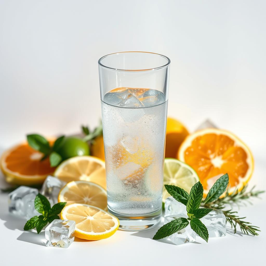 A still life composition depicting the recommended daily water intake. In the foreground, a clear glass filled with clean, sparkling water set against a light-colored background. Surrounding the glass, a mix of fresh fruit slices (lemon, lime, orange), herbs (mint, rosemary), and ice cubes to convey a sense of hydration and refreshment. The lighting is soft and natural, creating gentle shadows and highlights that accentuate the transparency of the water and the vibrant colors of the accompaniments. The overall mood is serene, calming, and encourages the viewer to mindfully consider their own optimal water consumption.