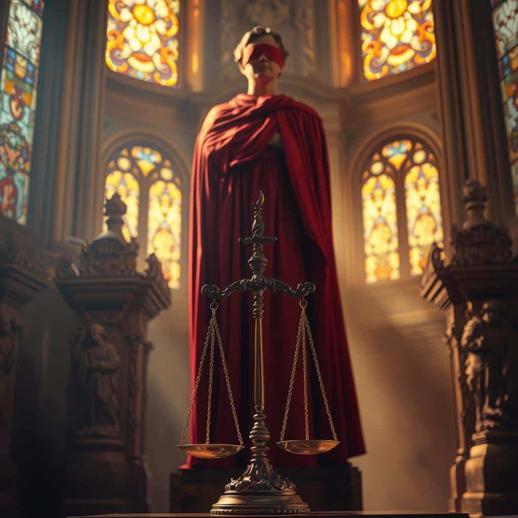A striking scene of justice, illuminated by a warm, golden light filtering through stained glass windows. In the foreground, a majestic figure stands tall, robed in flowing crimson, their face obscured by a blindfold but exuding an aura of impartiality and resolve. Beneath their feet, the scales of justice balance precariously, symbolizing the delicate equilibrium between fairness and the rule of law. In the middle ground, intricate carvings and ornate architectural elements surround the central figure, creating a sense of grandeur and timelessness. The background fades into a hazy, contemplative atmosphere, inviting the viewer to ponder the deep, enduring principles of justice.