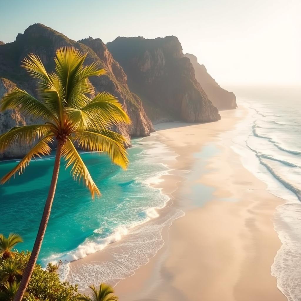 A stunning coastline with pristine white sand beaches and turquoise waves gently lapping against the shore. Towering cliffs in the background, their jagged edges carved by the relentless wind and waves. Vibrant green palm trees sway in the breeze, their fronds casting delicate shadows on the sand. The warm, golden sunlight bathes the scene in a soft, ethereal glow, accentuating the natural beauty of the landscape. A serene, tranquil atmosphere pervades the setting, inviting the viewer to immerse themselves in the peaceful splendor of this coastal wonder.