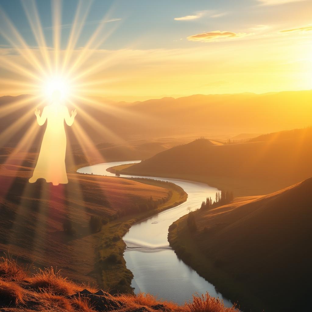 A stunning landscape bathed in warm, golden light, with a radiant figure representing divine guidance standing prominently in the foreground. Soft, ethereal beams of light emanate from the celestial figure, illuminating the path ahead. In the middle ground, a serene, winding river reflects the heavenly glow, inviting the viewer to follow its course. The background features rolling hills and a vast, expansive sky, evoking a sense of tranquility and boundless possibility. The overall atmosphere is one of profound peace, reassurance, and the gentle yet unwavering presence of a higher power.