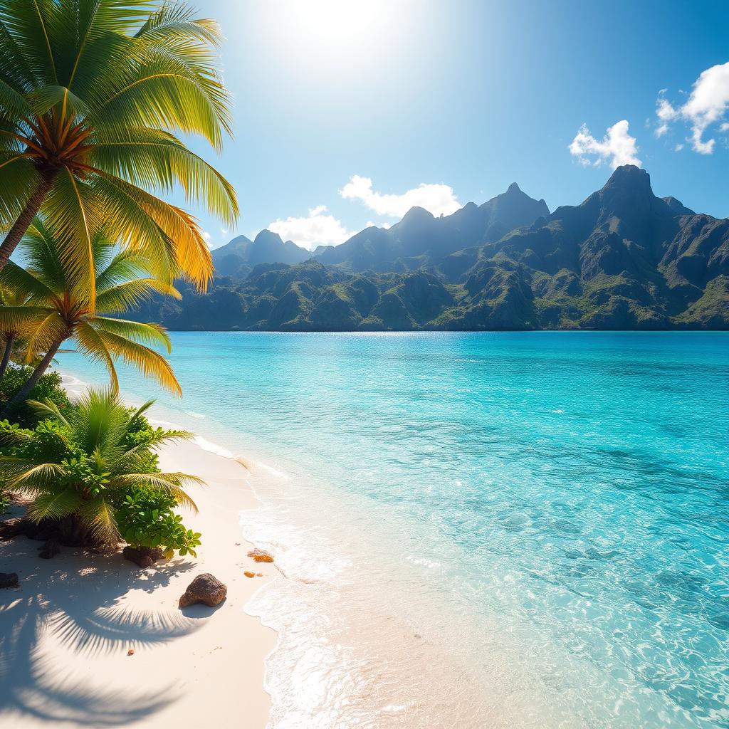 A stunning tropical island paradise, with crystal-clear turquoise waters lapping against pristine white sand beaches. Lush, verdant palm trees sway gently in the warm, salty breeze, casting soft shadows across the scene. In the distance, rugged, volcanic peaks rise majestically, their slopes cloaked in a vibrant tapestry of lush, verdant foliage. The sun shines brilliantly, illuminating the entire landscape with a warm, golden glow, creating a serene and enchanting atmosphere. Captured with a wide-angle lens to showcase the breathtaking scale and beauty of this island oasis, a true haven of tranquility and natural splendor.