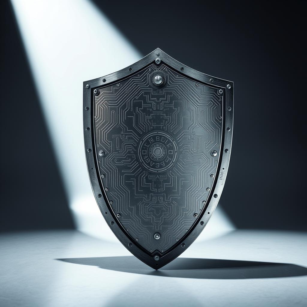 A sturdy metal shield stands resolute, its surface etched with intricate circuits and geometric patterns. Beneath an intense, directional lighting, the shield casts a sharp, angular shadow across a sleek, futuristic backdrop. The composition conveys a sense of protection and technological sophistication, hinting at the shield's ability to shield against unseen, low-frequency dangers. The scene evokes a mood of high-tech functionality and a commitment to personal safety in the face of modern, invisible threats.