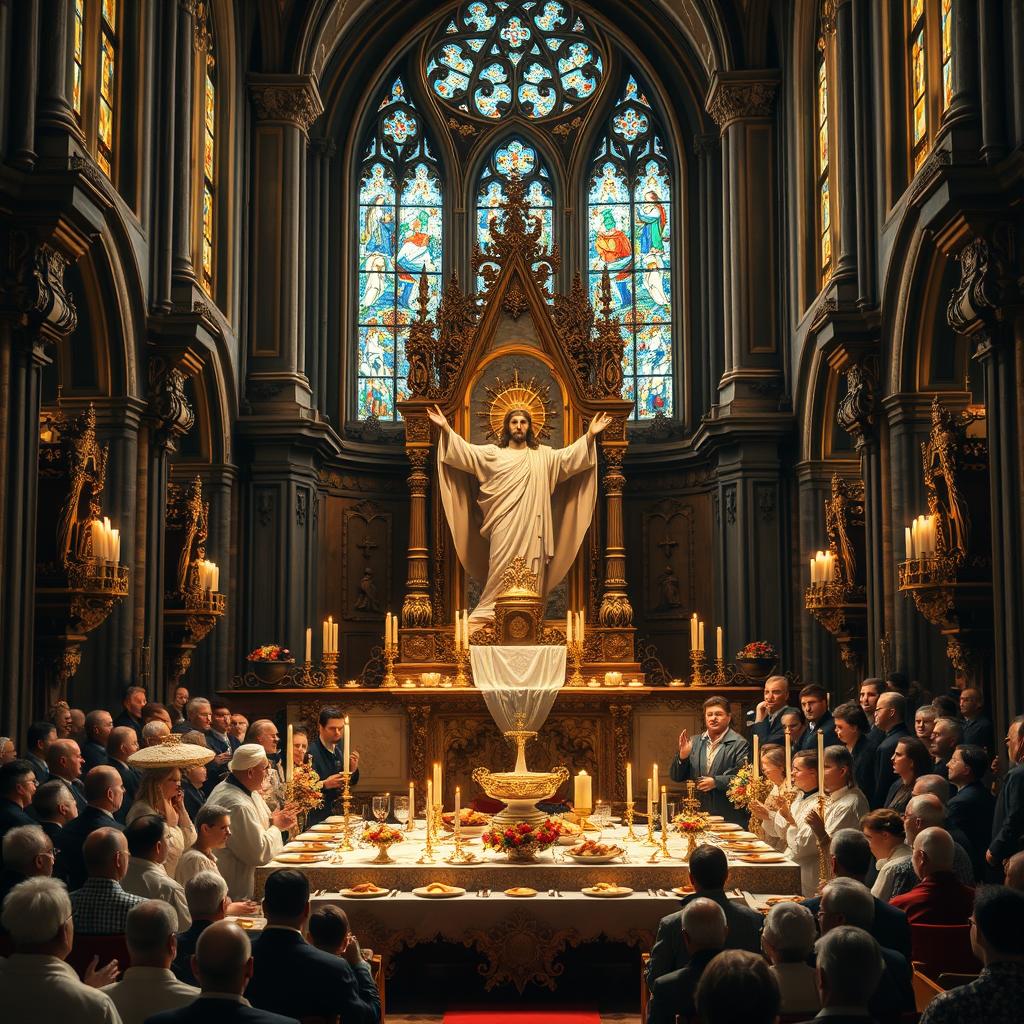 A sumptuous feast in a grand cathedral, the imposing figure of Christ the King presiding over the scene. The altar is adorned with intricate carvings and gleaming gold, while stained glass windows bathe the space in a soft, reverent light. Clergy and worshippers gather around the table, their faces reflecting a sense of solemn reverence. The atmosphere is one of reverence and devotion, as the faithful come together to celebrate the sovereignty of their divine King. The composition is balanced, with a clear hierarchy and the focal point being the central figure of Christ, depicted in a majestic and authoritative pose.