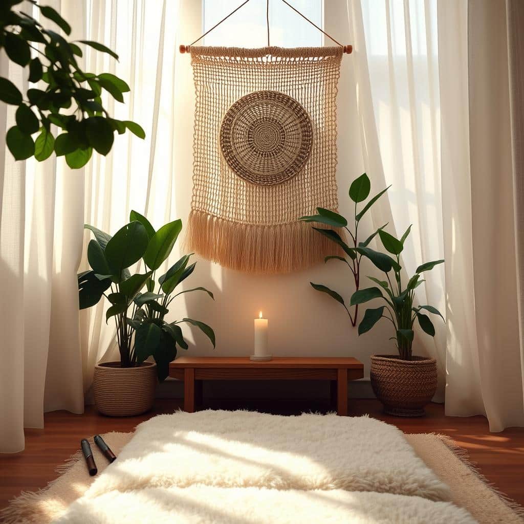 A sun-dappled meditation space, with a plush floor cushion and a simple wooden altar. Lush indoor plants and a woven wall hanging create a serene, nature-inspired atmosphere. Soft, diffused lighting filters through gauzy curtains, casting a warm, calming glow. A single candle flickers, its gentle flame echoing the tranquility of the space. The camera angles are low and close, capturing the intimate, inviting feel of this private sanctuary for mindful practice.