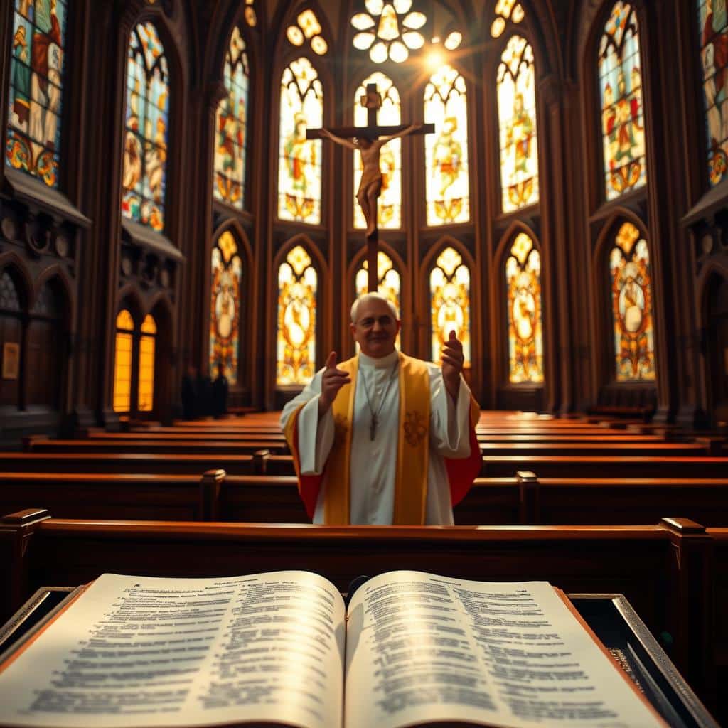 A sunlit church interior, the stained glass windows casting warm hues upon the wooden pews. In the foreground, an open Bible rests on a lectern, its pages glowing with divine illumination. Behind it, a towering crucifix stands tall, a testament to the teachings of the faith. In the middle ground, a priest, robed in ceremonial vestments, gestures towards the scriptures, his expression serene and thoughtful. In the background, the intricate architecture of the church, with its vaulted ceilings and intricate carvings, creates a sense of grandeur and reverence. The overall atmosphere is one of contemplation and the connection between the written word and the living tradition of the church.