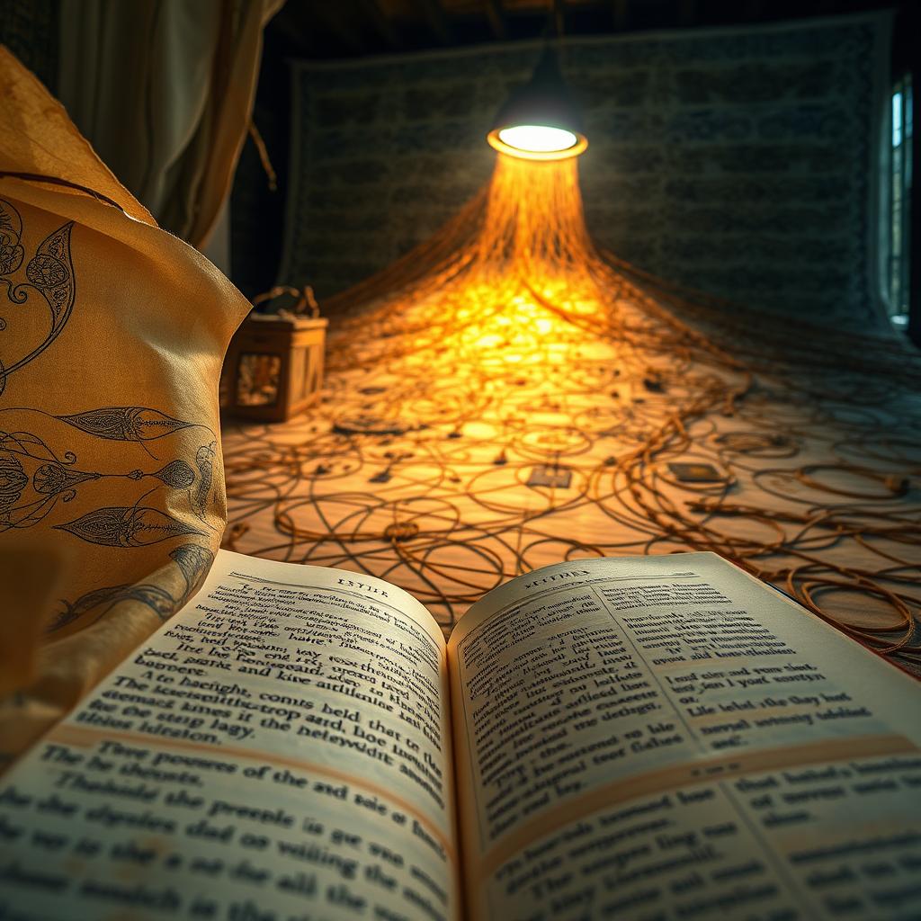 A tapestry of intricate scriptural threads, woven together with care and reverence. In the foreground, illuminated vellum pages flutter, revealing ancient calligraphic motifs and glowing marginalia. The middle ground is a rich tapestry of interlacing symbols, metaphors, and allusions, each thread a path leading deeper into the sacred text. In the background, a warm, meditative light bathes the scene, casting a contemplative glow and inviting the viewer to pause and ponder the interconnected nature of the scriptures. Captured through a wide-angle lens, the composition emphasizes the wholeness and complexity of the "Connecting the Scriptural Threads" narrative.