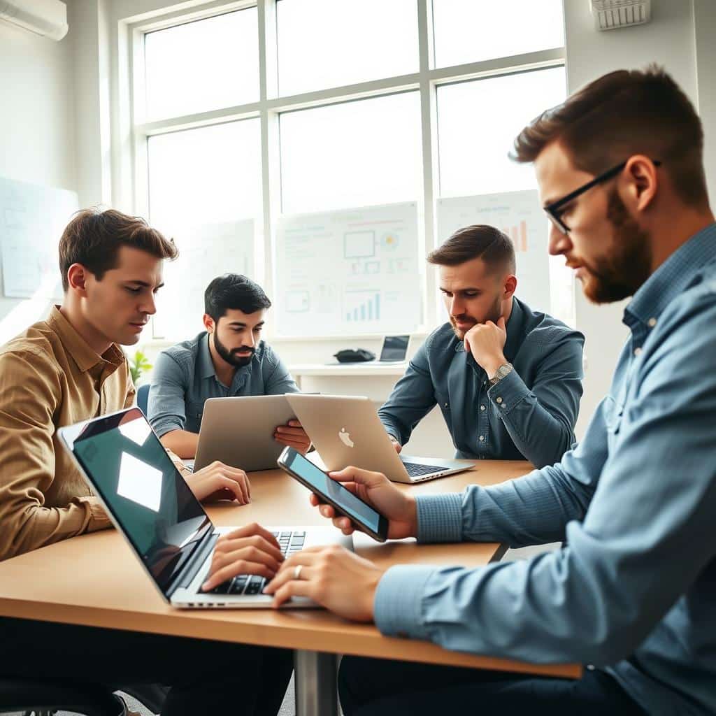 A team of software engineers intently testing a mobile app on their laptops, surrounded by a modern, minimalist office space. Bright, natural light streams in through large windows, creating a productive, professional atmosphere. The developers are focused, hands on keyboards, brows furrowed as they analyze user feedback and debug the app's functionality. In the background, whiteboards and wall-mounted displays showcase wireframes, user stories, and project milestones, reflecting the iterative, collaborative nature of the app testing process.
