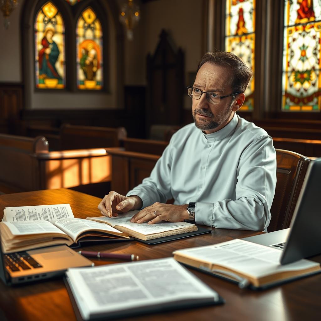 A thoughtful sermon preparation scene, with a pastor sitting at a desk, surrounded by open books, notes, and a laptop. The lighting is warm and contemplative, casting a soft glow on the workspace. The background features a stained glass window, suggesting a church setting, with muted colors and a sense of reverence. The overall mood is one of focused study, spiritual reflection, and the careful crafting of a homily to inspire the congregation. The angle is slightly elevated, creating a sense of the pastor's dedicated attention to the task at hand.