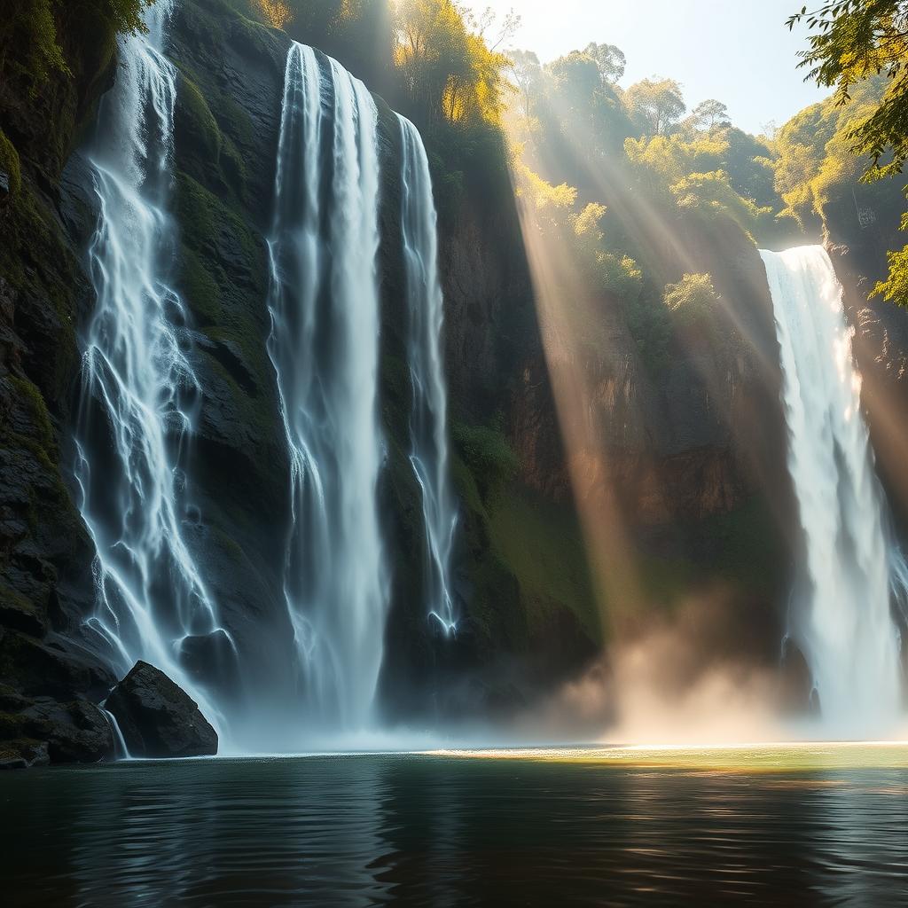 A towering cascade of crystalline water tumbling down a rugged, moss-covered cliff face, surrounded by a lush, verdant rainforest canopy. The sunlight filters through the mist, casting a warm, ethereal glow and creating a captivating interplay of light and shadow. In the foreground, a serene pool reflects the beauty of the waterfall, inviting the viewer to witness the raw power and tranquility of nature's grandeur. The scene exudes a sense of awe and wonder, transporting the observer to a remote, untamed corner of the world.