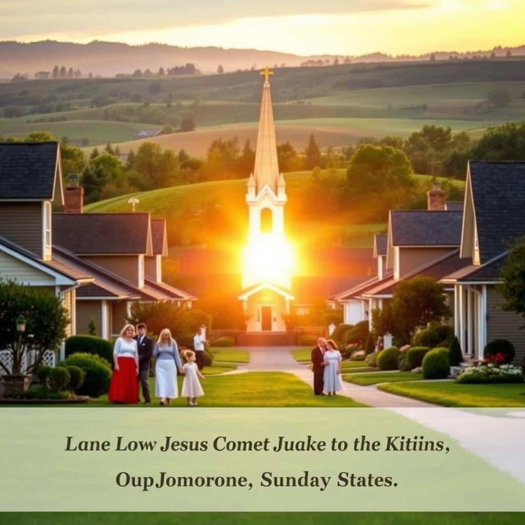 A tranquil Sunday morning in the United States, with the warm glow of the rising sun casting a soft light across a quaint suburban neighborhood. In the foreground, a family gathers on their well-manicured lawn, dressed in their Sunday best, ready to embark on their journey to the local church. The middle ground features a picturesque church steeple, its spire reaching towards the heavens, beckoning the faithful to come and worship. The background is filled with a serene, pastoral landscape, where rolling hills and lush greenery create a peaceful, contemplative atmosphere. The scene evokes a sense of community, faith, and the timeless traditions that are central to the Solemnity of Our Lord Jesus Christ, King of the Universe.