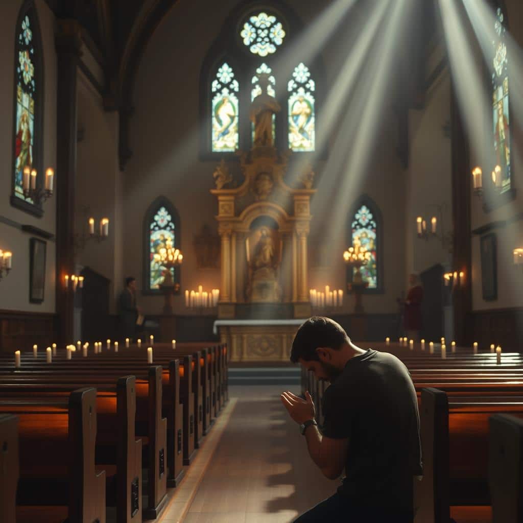 A tranquil, candlelit chapel interior with an ornate, gilded altar at the center. Rows of wooden pews are arranged before the altar, illuminated by the soft, warm glow of flickering candles. Sunlight streams in through stained glass windows, casting a serene, ethereal light throughout the space. In the foreground, the kneeling figure of a person in prayer, their hands clasped and their head bowed reverently. The atmosphere is one of profound stillness and contemplation, inviting the viewer to join in this sacred moment.