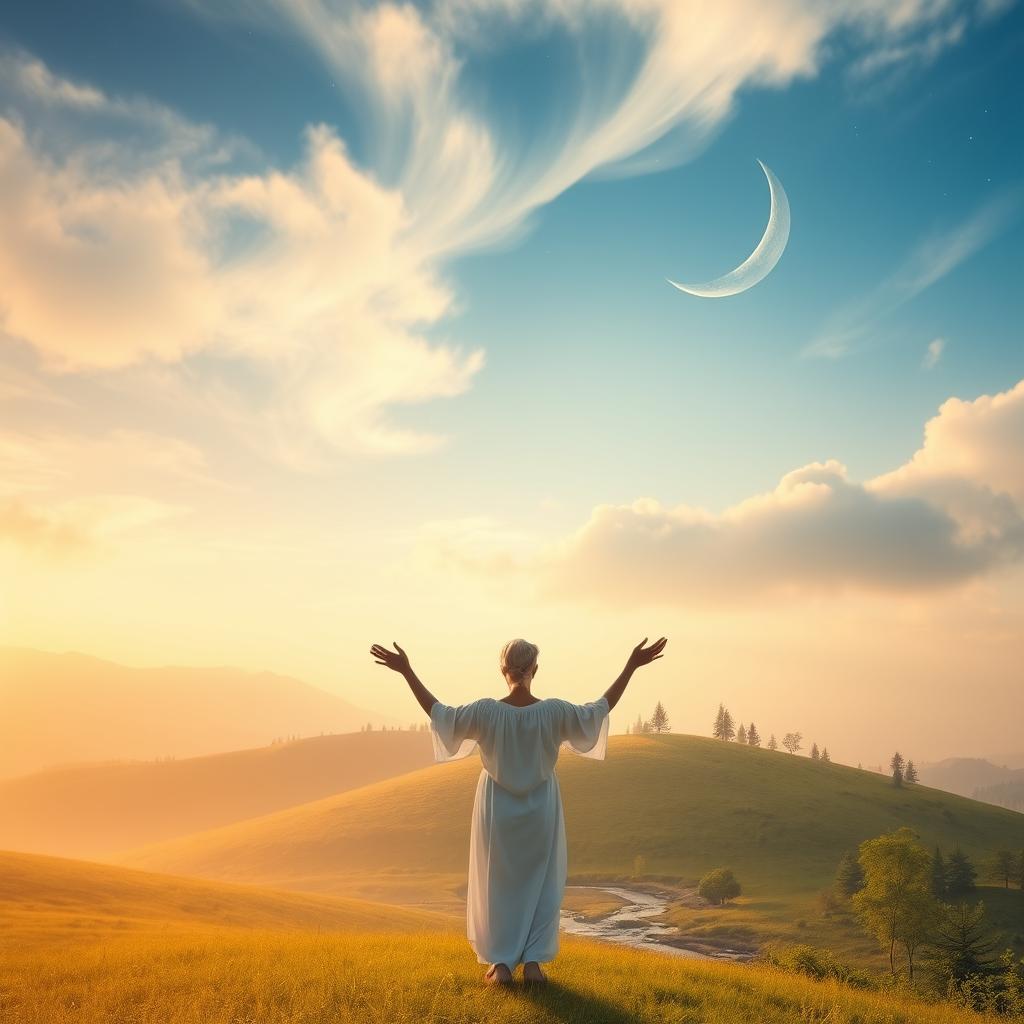 A tranquil, ethereal landscape bathed in warm, golden light. In the foreground, a serene figure stands with hands outstretched, radiating divine protection. Wispy clouds part to reveal a celestial sky, filled with stars and a crescent moon. In the middle ground, a rolling hill dotted with verdant trees and a small, tranquil stream. The background is a hazy, distant horizon, hinting at the vastness of God's protection. The scene evokes a profound sense of peace, security, and the unwavering presence of the Almighty.