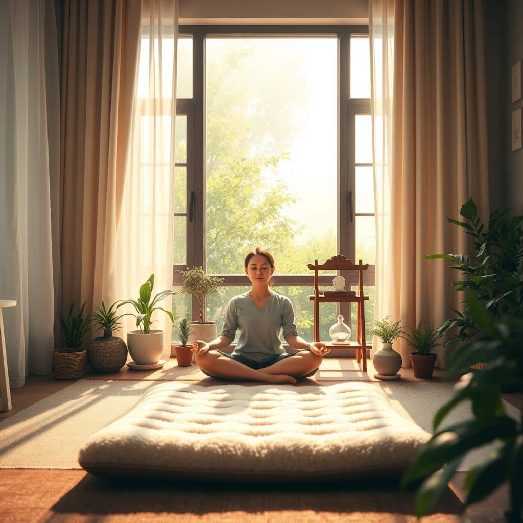 A tranquil morning scene, a cozy room bathed in soft, warm light filtering through sheer curtains. In the foreground, a person sits cross-legged on a plush meditation cushion, eyes closed, hands resting peacefully in their lap. Potted plants and a small wooden altar adorn the space, creating a serene, natural ambiance. In the middle ground, a large window overlooks a lush, verdant garden, dappled with sunlight. The background is hazy, with a sense of peaceful calm pervading the entire composition. The overall mood is one of introspection, balance, and the rejuvenating power of a mindful morning meditation practice.