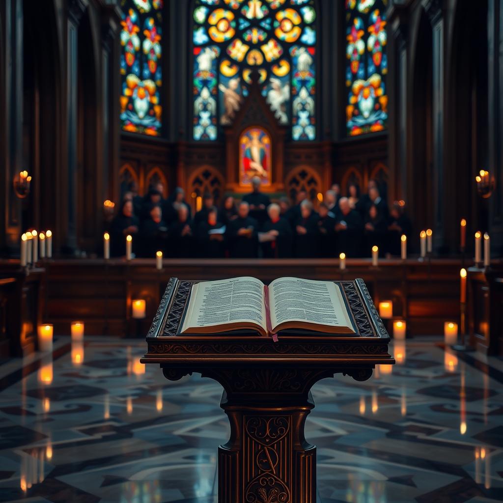 A tranquil sanctuary, dimly lit by the soft glow of candles. In the foreground, an intricately carved wooden lectern stands, its surface adorned with intricate patterns. Atop it, an open book, its pages gently turned by an unseen breeze. Behind the lectern, a choir of robed figures, their voices blending in a harmonious responsorial psalm, echoing through the ornate church interior. The walls are adorned with stained glass windows, casting kaleidoscopic patterns of light across the polished marble floor. The atmosphere is one of reverence and contemplation, inviting the viewer to pause and reflect on the sacred ritual unfolding before them.