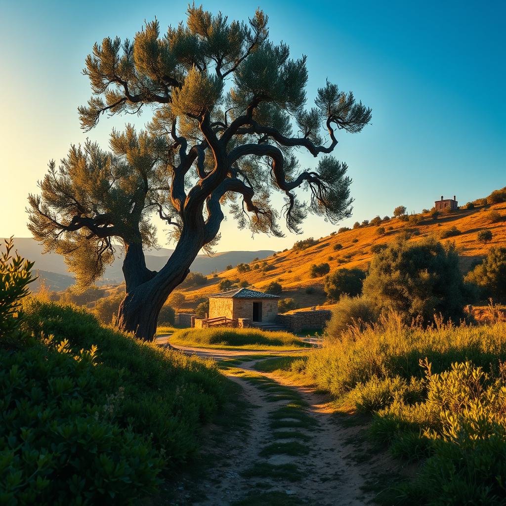 A tranquil scene of a biblical landscape, bathed in warm, golden light. In the foreground, a path winds through lush, verdant foliage, leading the viewer's gaze to a majestic, ancient olive tree. Its twisted, gnarled branches reach skyward, casting gentle shadows across the ground. In the middle ground, a modest stone structure stands, its timeless architecture reflecting the wisdom and enduring faith of a bygone era. The background is dominated by rolling hills, their slopes dotted with clusters of olive trees and the occasional stone dwelling, all set against a serene, azure sky. The overall atmosphere conveys a sense of timeless, divine providence, inviting the viewer to trust in God's timing for true prosperity.