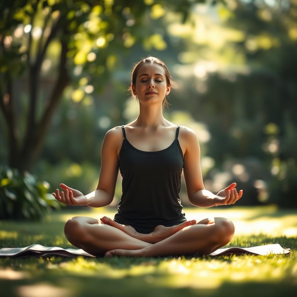 A tranquil scene of a person practicing mindful breathing, seated cross-legged in a serene garden setting. Dappled sunlight filters through the lush foliage, creating a warm, meditative atmosphere. The figure's eyes are gently closed, their face radiating a sense of inner peace and focus as they inhale and exhale deeply. The background features a blurred, dreamlike landscape with a calming, natural color palette of greens, blues, and soft earth tones. The composition is balanced, with the subject occupying the center, surrounded by the calming elements of nature. Soft, diffused lighting illuminates the scene, emphasizing the tranquility and stillness of the moment.