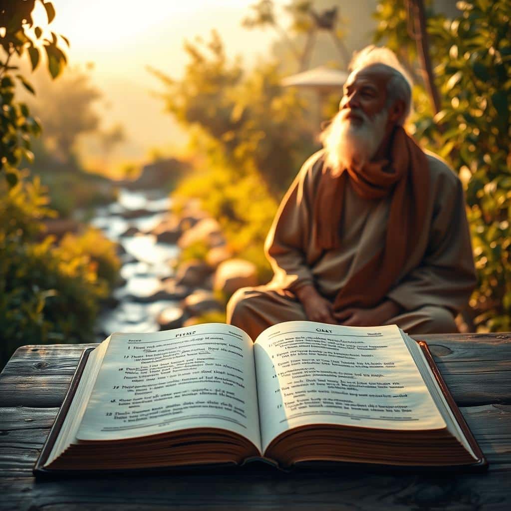 A tranquil scene of a serene biblical garden, bathed in warm, golden light. In the foreground, a wise old man sits cross-legged, eyes closed in deep contemplation, radiating an aura of inner peace and contentment. Behind him, lush foliage and a trickling stream create a sense of natural abundance. In the middle ground, a simple wooden table holds a well-worn leather-bound Bible, its pages open, revealing verses on the virtues of moderation and the dangers of greed. The background gently fades into a hazy, dreamlike landscape, suggesting the timeless wisdom of these spiritual teachings. Cinematic depth of field and a painterly, ethereal style evoke a timeless, reverent atmosphere.