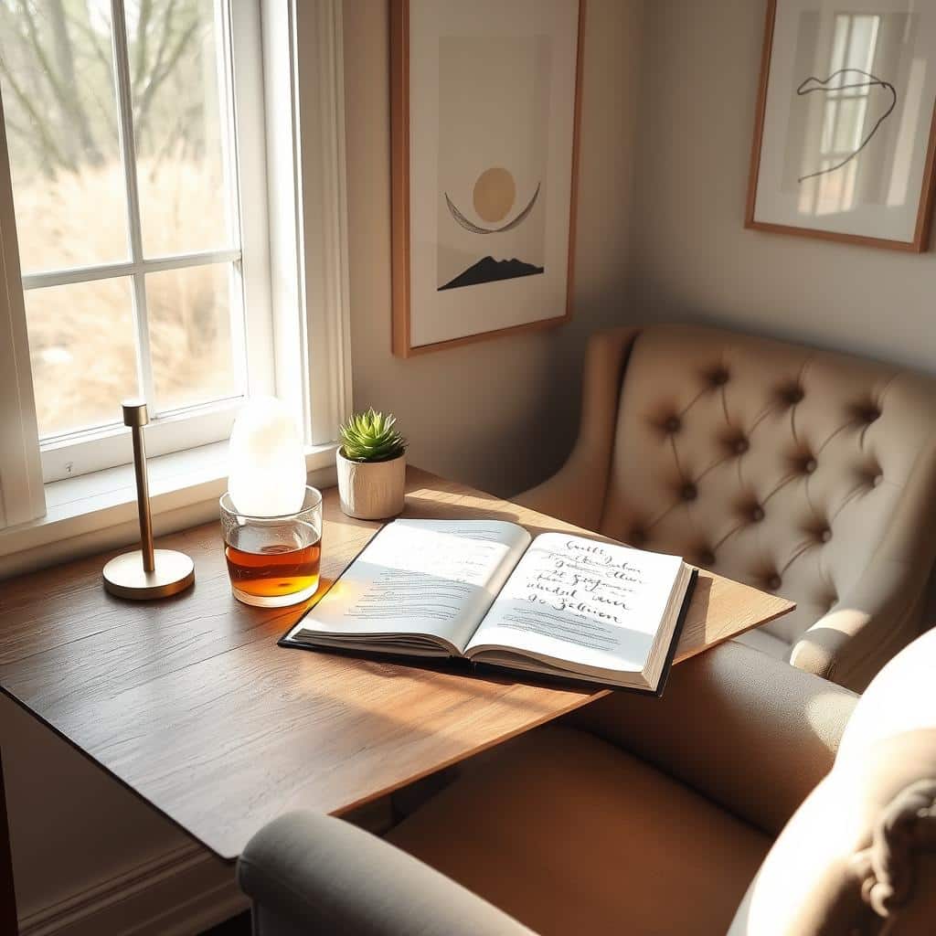 A tranquil study nook bathed in soft, natural light. On a wooden desk, an open journal with elegant calligraphy, surrounded by a crystal glass of tea, a Himalayan salt lamp, and a small potted succulent. The walls are adorned with minimalist art prints, creating a serene and contemplative atmosphere. A plush, tufted armchair in a neutral tone invites the viewer to sit, reflect, and record their morning meditative thoughts. The overall scene evokes a sense of mindfulness, introspection, and personal growth.
